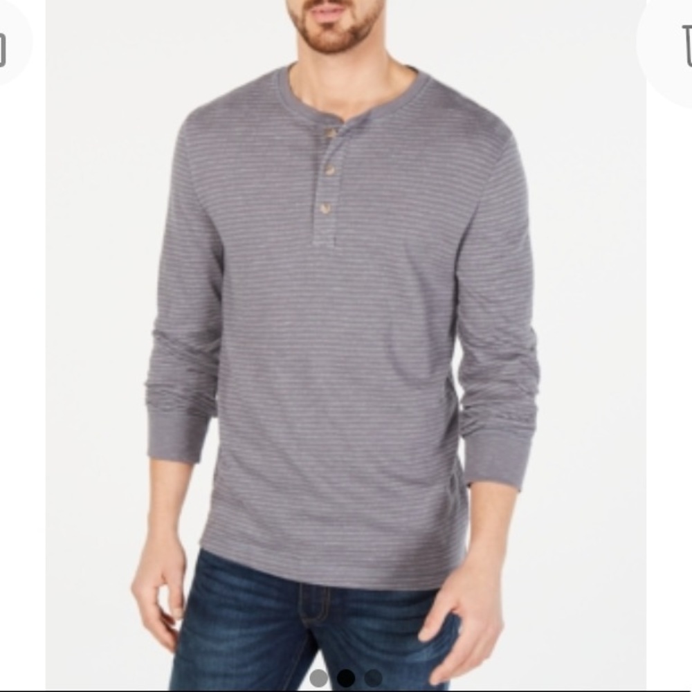 NEW Club Room Mens Long Sleeve Striped Henley Shirt, Size Medium, Gray